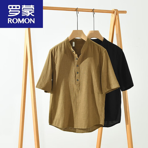 罗蒙（ROMON）中国风苎麻短袖男立领T恤棉麻复古休闲透气薄款亚麻半开衫短t 黑色 棉麻宽松水洗 L 120-145斤