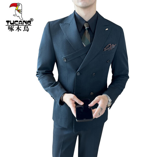 Woodpecker (TUCANO) brown double-breasted suit men's suit British slim men's large size suit three-piece wedding groom's dress trendy dark green (single suit) 50/L (112-125Jin Jin equals 0.5 kg)