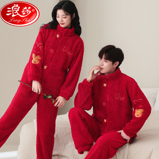 浪莎（LangSha）秋冬季结婚情侣睡衣红色珊瑚绒加厚加绒男女士新婚婚庆家居服套装 9716+图案+囍气洋洋 加 厚加绒 M 女款： 建议80-100斤