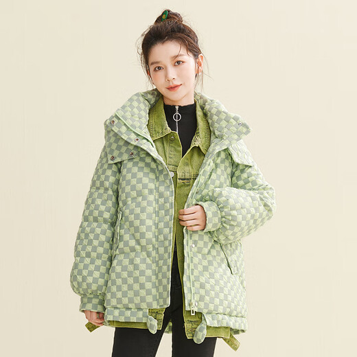 
Kangbo autumn and winter new fashion cutting-edge chessboard thickened down jacket for women's coat duck down green S (85-110Jin[Jin equals 0.5 kg])