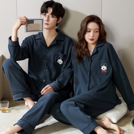 clolv kissCK运动运动情侣睡衣春秋季一男一女两件套华夫格可外穿家居 QH-8110#[华夫格]翻领套装 M 女+男L