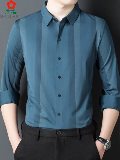 Mengtejiao men's mulberry silk long-sleeved shirt spring middle-aged business casual striped non-iron shirt 9922-purple red one size 165/M suitable for 100-115Jin [Jin equals 0.5 kg]