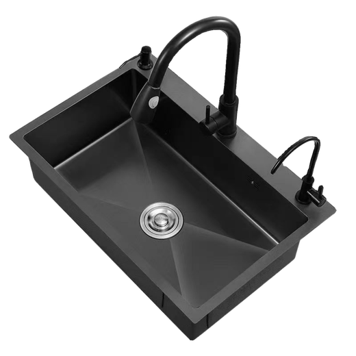 Jiumuwang thickened 304 stainless steel sink large single-slot wash basin home kitchen sink three-hole black nano three-hole basin black 65*45 pull-out faucet package