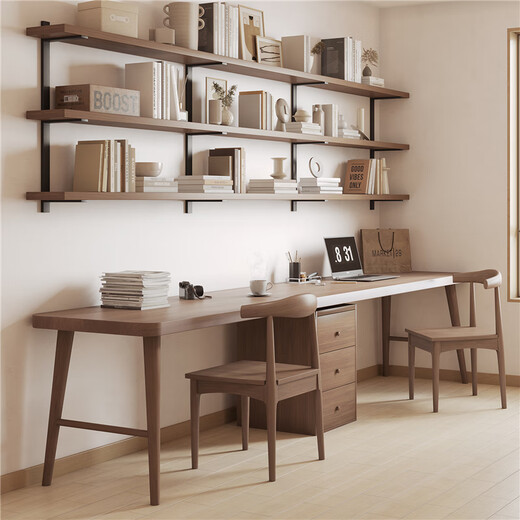Pifeng all-solid wood double desk bookshelf integrated workbench computer desk long table student home study desk four-color desktop optional - supports customization (package included)