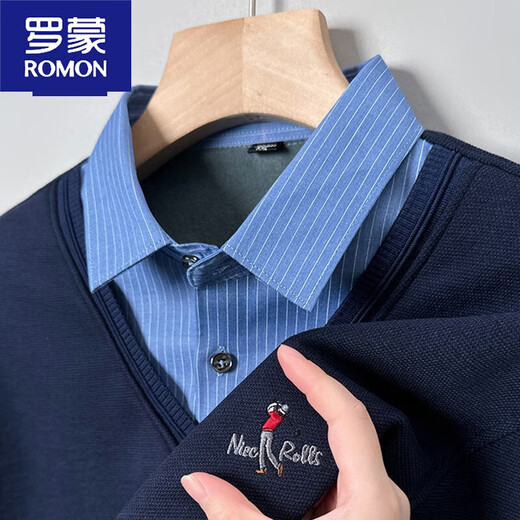 罗蒙（ROMON）保暖衬衫领男士加绒加厚毛衣2023新款中青年假两件针织衫秋冬款 687灰色加 绒 2XL