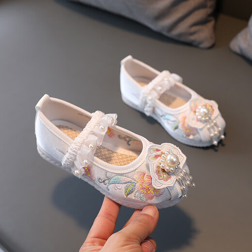 Si Yangs neuer Stil der gestickten Schuhe von Mädchen für die alten Kostümschuhe von Kindern für ethnische Stilbabys handgefertigte Stoffschuhe für Hanfu -Schuhe Performance Schuhe L05 Weiß 30 / Innere Länge 18,5 cm