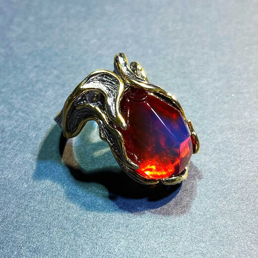 Libiao natural amber beeswax ring S925 silver Italian craft inlaid red and blue amber ring blood amber men and women