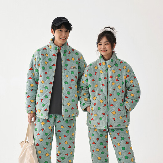 Kissing Cat Crayon Shin-chan co-branded couple pajamas for women winter three-layer quilted men's home clothes can be worn outside, women's M