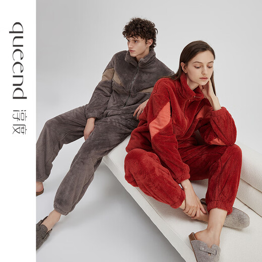 Chundu soft coral velvet pajamas for women winter thickened plus velvet wedding couple set men's flannel home clothes vermilion M