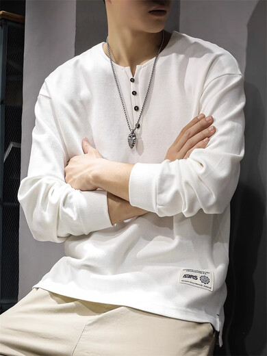 Yingtang autumn heavy cotton men's long-sleeved T-shirt loose large size American casual Henry collar bottoming shirt white M 90-130Jin Jin equals 0.5 kg