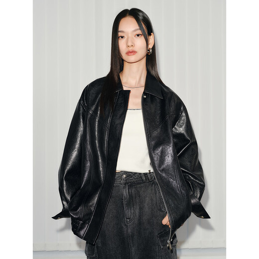 太平鸟女装短外套仿手搓油蜡皮PU皮衣外套女春装宽松夹克 黑色 M
