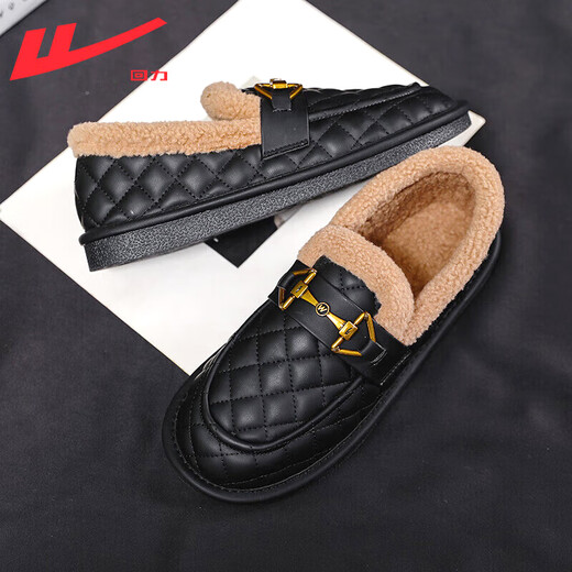 Warrior official beanie shoes for women, winter cold-proof and warm cotton shoes, furry shoes, slip-on loafers, black 38