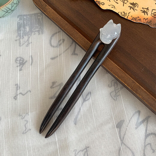 Han Penesi white jade little fox U-shaped ebony hairpin short classic temperament summer gift for girls daily white jade little fox U-shaped hairpin ebony