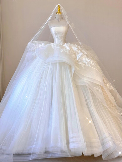 Slave style white tube top light wedding dress 2025 new bride high-end texture small tail high-end customized main yarn white tail wedding dress L