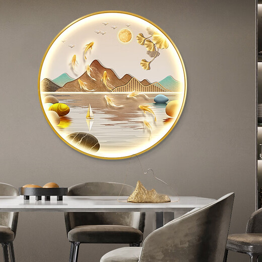 Three ants New Chinese style Jiuyu Picture Porch Decorative Painting with Lights Round Mural Entrance Door Painting Living Room Hanging Painting Landscape Crystal Porcelain Painting Jiuyu Jucai 1342 Diameter 100cm Remote Control Connection Power Supply Gold Aluminum Alloy Frame