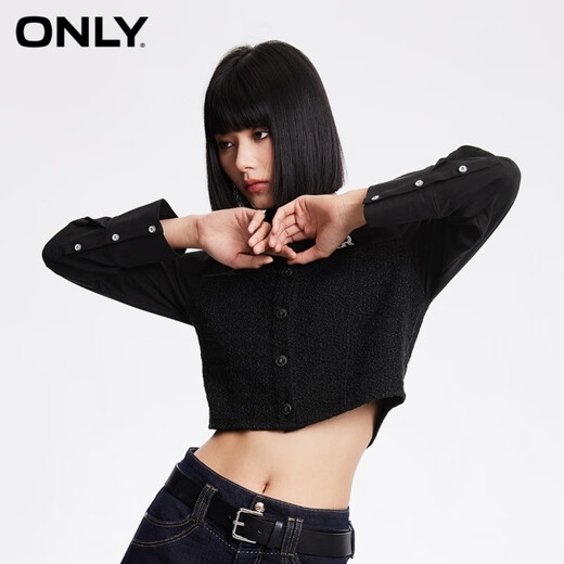 ONLY夏季拼接设计可拆卸领带翻领短款雪纺衫女|124151011 E39 俊黑色 M 165/84A