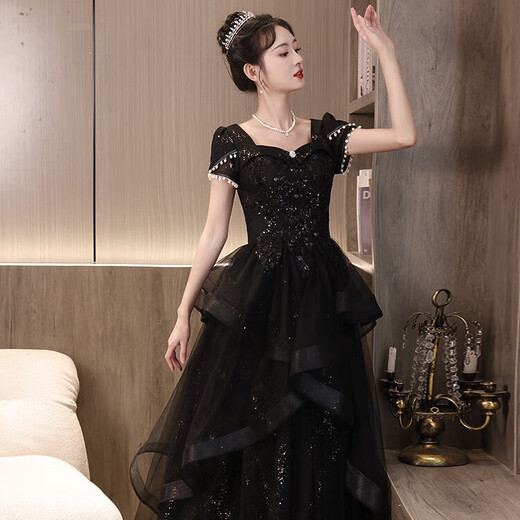 Libaixin black evening dress 2025 new style banquet light luxury niche high-end host graduation ceremony performance dress dress black M suggests 90-100Jin [Jin equals 0.5 kg]