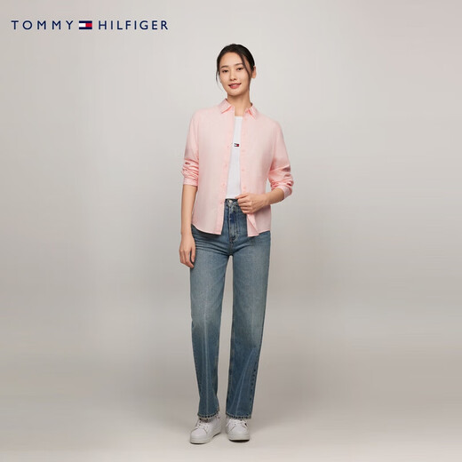 Tommy Hilfiger autumn and winter women's pure cotton simple medallion embroidery business casual commuting solid color long-sleeved shirt jacket