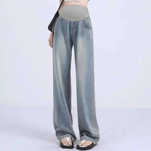 Nanding Yagre pregnant women jeans fashionable loose summer wear tensile loose summer straight wide-leg pants maternity pants summer suit retro blue L 110-125Jin [Jin equals 0.5 kg]