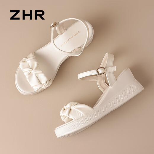 ZHR女鞋夏季凉鞋女外穿厚底坡跟女鞋简约一字带舒适凉鞋 ES29 米色35