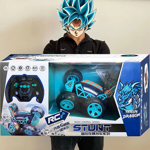 Remote control dump truck stunt roll off-road vehicle rechargeable remote control car children's boy toy racing car deformation 18CM blue light + 6 music small gift box packaging rechargeable + 360 flip + drop resistance