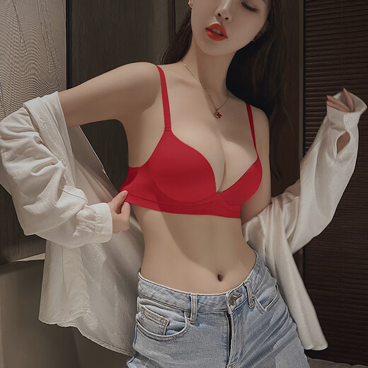 Modal red underwear for women with small breasts, seamless breast reduction, wedding bride's animal year bra and underwear set brand Zhenghong-single underwear 32/70A (thick cup is about 1.5cm)