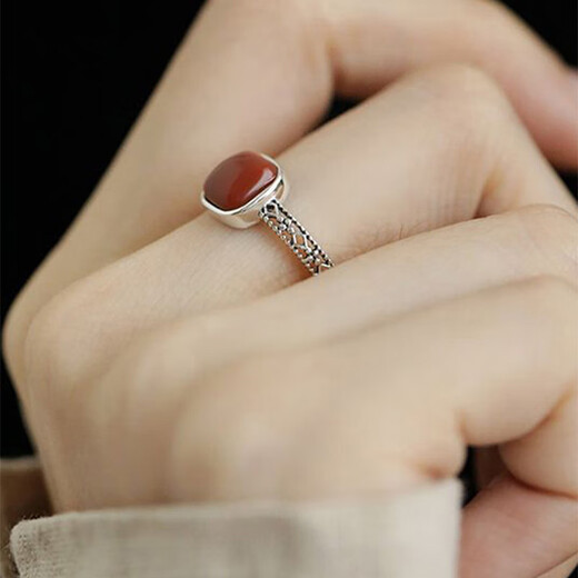 BOIGO925 silver ring for women, southern red agate sugar cube open ring, national trendy Chinese style retro niche index finger gift for girls