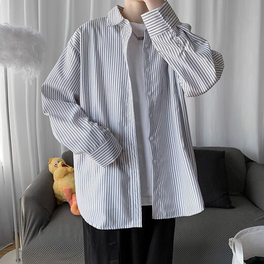真维斯（Jeanswest）蓝白条纹衬衫男长袖2025新款夏季薄款衬衣港风高级感休闲情侣外套 浅蓝色 L