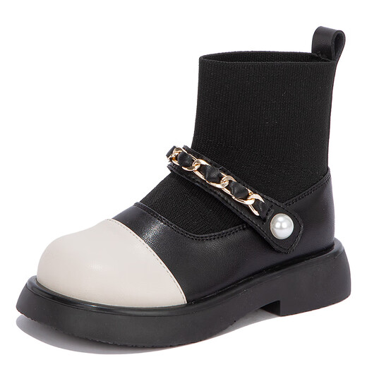 Wuma Girls' Boots Children's Genuine Leather Princess Short Boots 2025 New Baby Girl Winter Plush Sock Boots Girls' Second Cotton Shoes Black Second Cotton Size 25 The inner length of the shoe is about 16.3CM