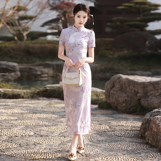 NUKM Cheongsam Chinese style long young 2025 summer new slim and elegant girl retro improved dress 6629 purple 3XL
