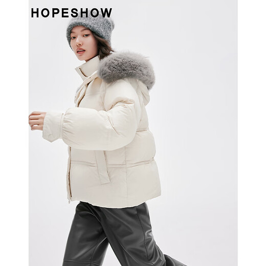 红袖高品质狐狸毛立领羽绒服冬季2024新款女装插肩袖双拉链保暖短外套 浅米005 S