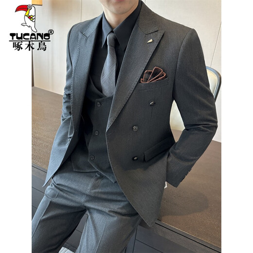 Woodpecker (TUCANO) brown double-breasted suit men's suit British slim men's large size suit three-piece wedding groom's dress trendy dark green (single suit) 50/L (112-125Jin Jin equals 0.5 kg)