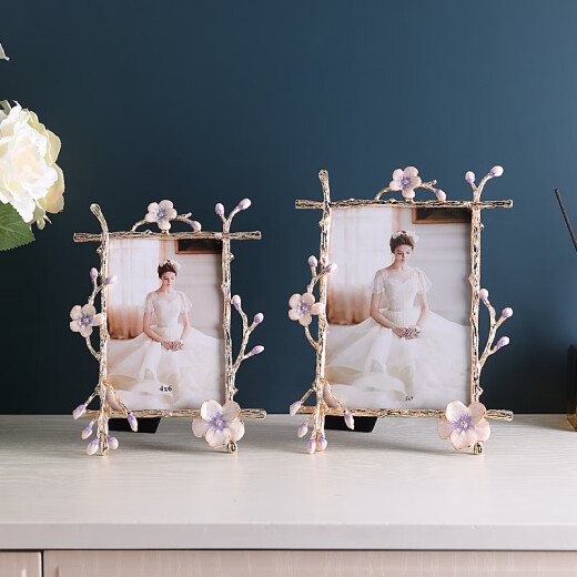 Creative metal photo frame 6-inch 7-inch 10-inch photo frame American wedding photo frame table high-end light luxury ornaments [6-inch photo frame] golden branches and white flowers other sizes