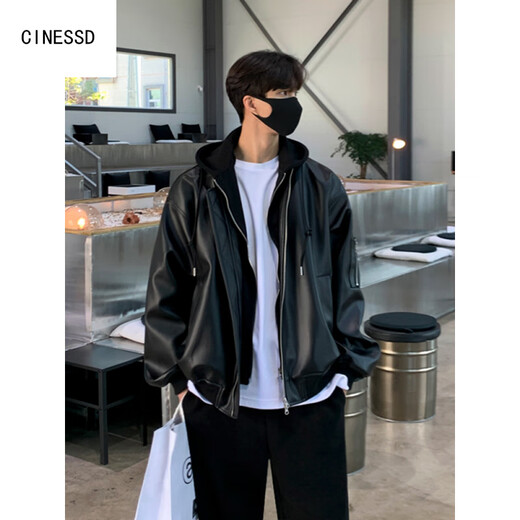 CINESSDMrcyc leather jacket men's high-end fake two-piece patchwork hooded jacket Korean loose fashion brand workwear black L