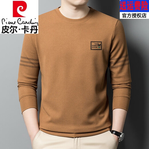 Pierre Cardin Langarmed T-Shirt Herren-Sweatshirt reine Baumwolle Runde Halsfeder und Herbst neu 2025 Waffel Trendy T-Shirt-Basis-Hemd mit mittlerem Alter 835 Dunkelgrün hautfreundlich und komfortabel 170/l empfohlen 120-140jin [Jin gleich 0,5 kg]