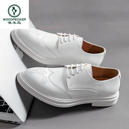 Woodpecker white leather shoes men's Brock Studio wedding photography wedding shoes party team performance shoes 48 large size shoes 679 white 40