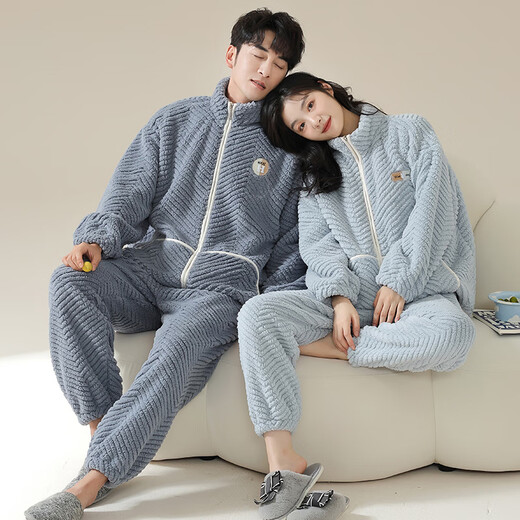 
Delia couple pajamas for women in autumn and winter coral velvet thickened cardigan loose flannel pajamas pants men's home clothing suit M9871 M women