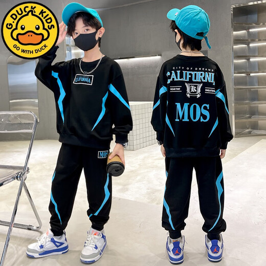 G.Duckkids Little Yellow Duck Children's Clothing Boy Herbst- und Winterkleidung Set 2024 Neues mittleres und großer Kinderjunge plus Samt Sweatshirt Casual und Modisches Schwarz und Gold [MOS Spring und Herbstkleidung] 170 cm