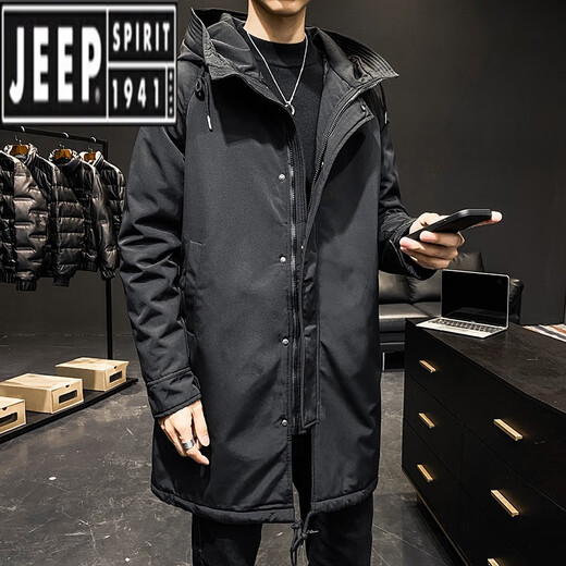Jeep (JEEP) autumn and winter men's mid-length windbreaker men's thickened parka coat plus cotton hooded loose two-cotton jacket trend Military green S loose fit is large
