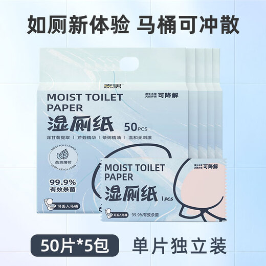 Shantou Lincun butt wiping wet wipes for men, individually packaged wet toilet paper, family pack, toilet cleaning, water flushable, butt wiping for men and women, 50 pieces*5