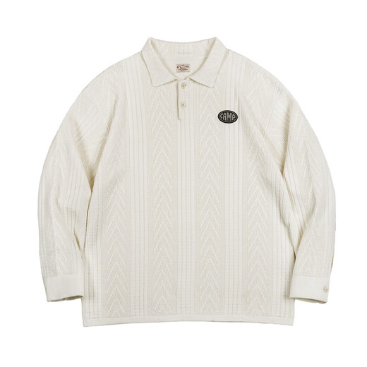 Madden workwear American casual jacquard knitted polo shirt college style textured lapel pullover sweater for men autumn and winter off-white L