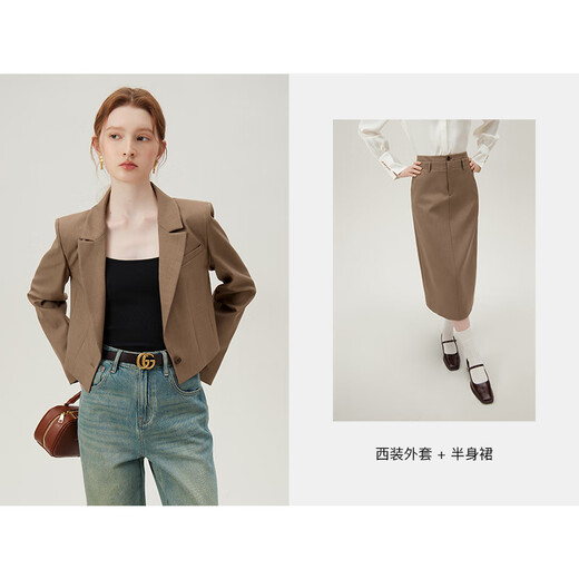 范思蓝恩设计感短款小西装外套女春装职业面试西服套装24FS11162 桦木棕-半裙 L