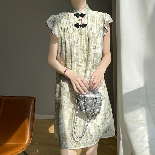 Li Yinu (LISLAVE) 2025 summer new Chinese style cheongsam short-sleeved dress with ladies' temperament loose slim and buckle new Chinese skirt Green JRP692 M