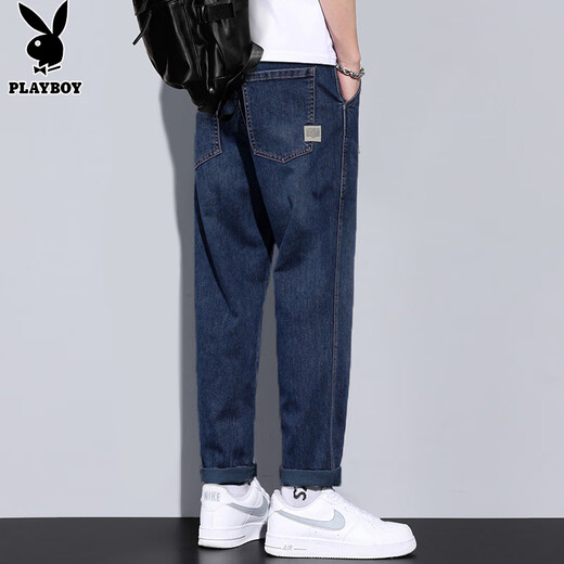 Playboy (PLAYBOY) jeans men's autumn and winter casual pants men's trendy brand loose straight men's pants light blue 32