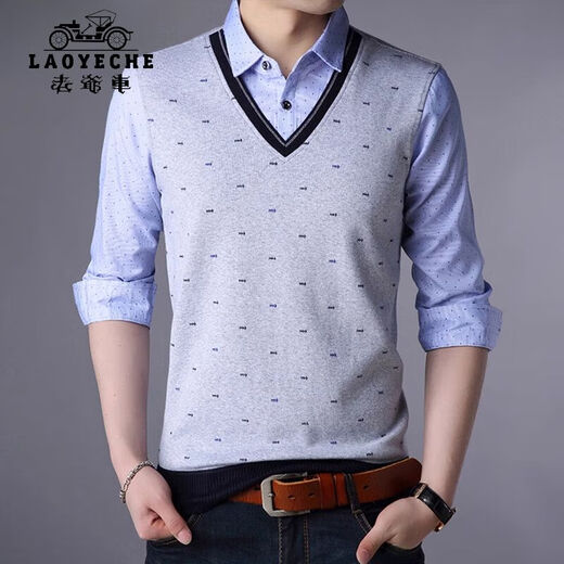 Classic Car (Laoyeche) High-End-Herren-T-Shirt mit falschem zweiteiligen Langarmjugend-Basishemd Korean Slim Strick Modentrend Herren Modell 3878 Blau 2xl 180