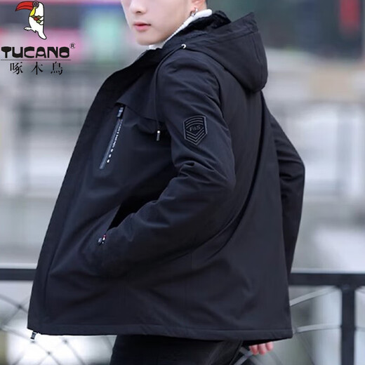 啄木鸟外套男士外套2024春秋新款连帽休闲户外宽松立领御寒夹克男 黑色 3XL 【建议体重155-170斤】