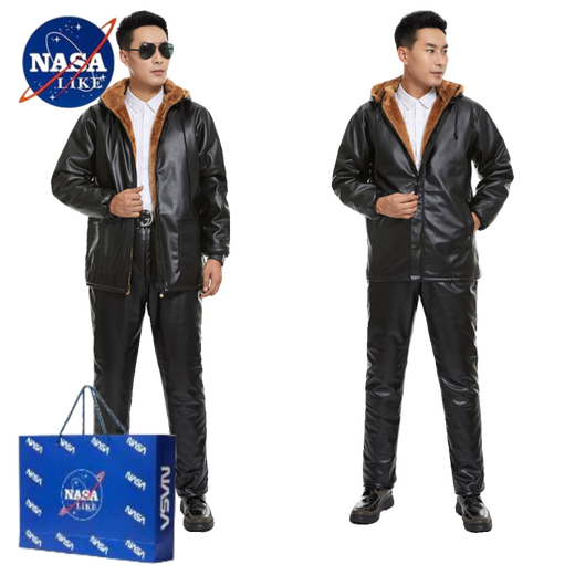 NASALIKE Men's Velvet Thickened Leather Jacket Takeaway Rider Winter Leather Driving Slaughterhouse Work Clothes Leather Pants Suit Velvet Patch Pocket Removable Hood Leather Jacket Deep Cold Resistance-3 XL (Social Guy)