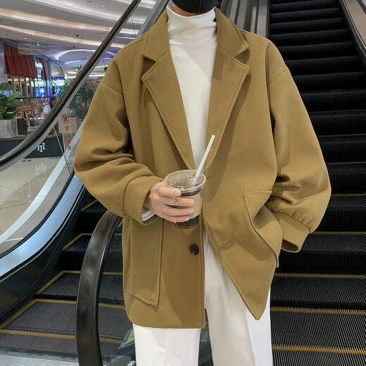 Shelley Jones Plush Woolen Coat Men's Autumn and Winter Trendy Brand High-Quality Thick Short Woolen Coat Loose Casual Windbreaker Beige (Fleece) Thickened M Recommended 90-110Jin Jin is equal to 0.5 kg