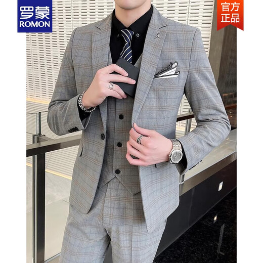 ROMON Men's Suit Korean Style Plaid Groom Wedding Dress Casual Business Formal Fit Suit Three-piece Spring Gray Suit + Vest + Pants Tie XL