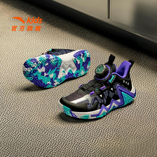Anta-Kinder-Turnschuhe Jungenschuhe 2025 Frühlings- und Sommer-Neuerproduktknopf-Knopf Anti-Rutsch-Rutsch professioneller Umkehrskala Spezielle Basketballschuhe [Reverse Scale] Schwarz/Silber/Dream Purple 9930-2 31 31